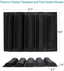 Silicone Baguette Pan - Non-stick Perforated Fench Bread Pan Forms , Hot Dog Molds , Baking Liners Mat Bread Mould (5 Loaf, Black)