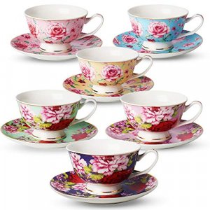 BTaT- Tea Cups, Tea Cups and Saucers Set of 6, Tea Set, Floral Tea Cups (8oz), Tea Cups and Saucers Set, Tea Set, Porcelain Tea Cups, Tea Cups for Te