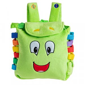 Buckle Toy - Buddy Activity Backpack - Educational Learning Toy with Zippered Pouch for Storage - Great Gift for Toddlers and Kids, Green - 11 x 8