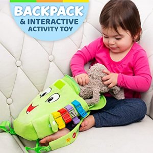 Buckle Toy - Buddy Activity Backpack - Educational Learning Toy with Zippered Pouch for Storage - Great Gift for Toddlers and Kids, Green - 11 x 8