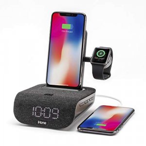 iHome TIMEBASE PRO+ Triple Charging Alarm Clock | Qi-Certified Wireless Charging, Apple Watch Charger, Bluetooth Speaker, with iPhone 12 mini adapter
