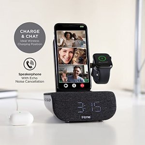 iHome TIMEBASE PRO+ Triple Charging Alarm Clock | Qi-Certified Wireless Charging, Apple Watch Charger, Bluetooth Speaker, with iPhone 12 mini adapter