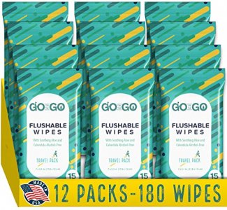 Go on the Go Flushable Wet Wipes for Travel - Biodegradable, Alcohol-Free, with Soothing Aloe and Calendula - 12 Packs of 15 Wipes Each (180 Wipes To
