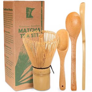 BambooMN Matcha Whisk Set - Golden Chasen (Tea Whisk) + Chashaku (Hooked Bamboo Scoop) + Tea Spoon - 1 Set - Premium Matcha Set to Prepare a Traditio