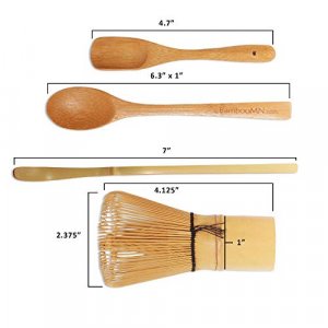 BambooMN Matcha Whisk Set - Golden Chasen (Tea Whisk) + Chashaku (Hooked Bamboo Scoop) + Tea Spoon - 1 Set - Premium Matcha Set to Prepare a Traditio