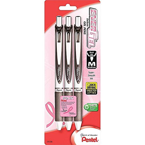 Pentel Pink Bca Ribbon Pentel Energel Deluxe Rtx Retractable Liquid Gel Pen, 0.7Mm, Medium Line, Metal Tip, Silver Barrel, Black Ink, 3 Pack (Bl77Abp