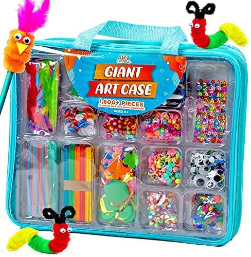 Art with smile Giant Art Case Set of 1,600+ Pc.– Arts and Crafts Supplies  for Kids 6+ – DIY Projects Case Filled with Pom Pom Box Craft Kit, Beads,  Buttons, Scissors, and