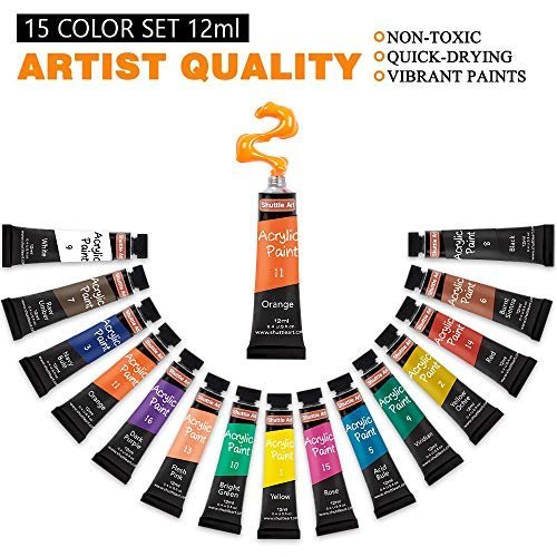 Shuttle Art Acrylic Paint Set, 15 x 12ml Tubes Artist Quality Non Toxic  Rich Pigments Colors Perfect for Kids Adults Beginners Artists Painting on