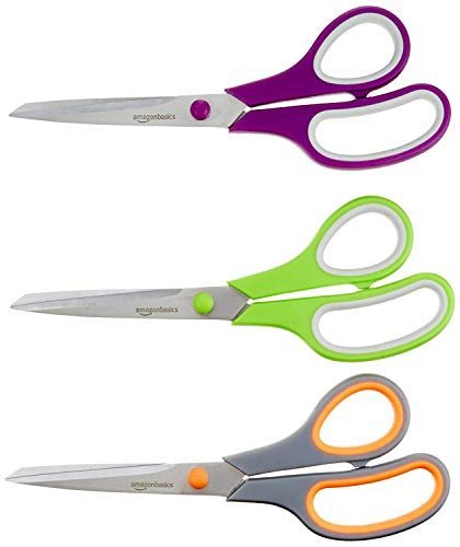 Basics Multipurpose, Comfort Grip, PVD Coated, Stainless Steel  Office Scissors, 3-Pack, Purple, Green & Gray