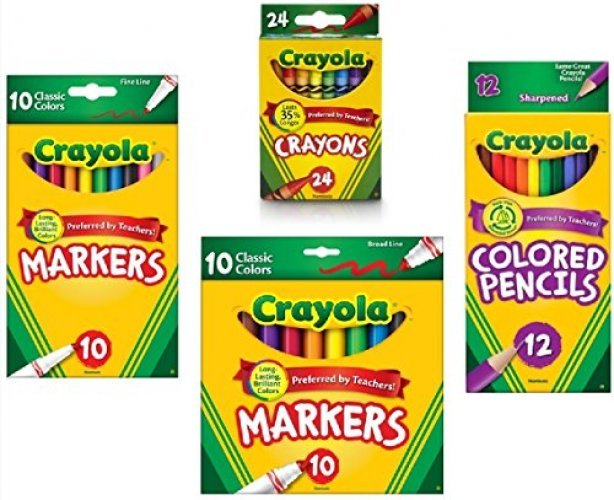 Crayola Crayons (24 Count), Crayola Colored Pencils in Assorted Colors (12 Count), Crayola (10ct) Classic Fine Line Markers, and Crayola (10ct)