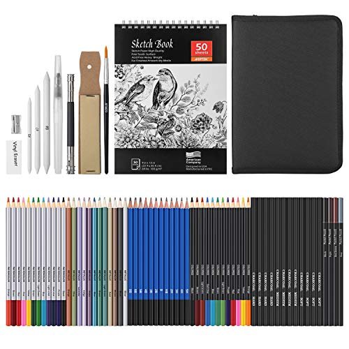 AGPTEK Drawing Pencils Set, 75-Piece Art Supplies Color Drawing Pencils Set  Contains Sketch Pencils, Charcoal Pencils, Water Colored Pencils and Metal