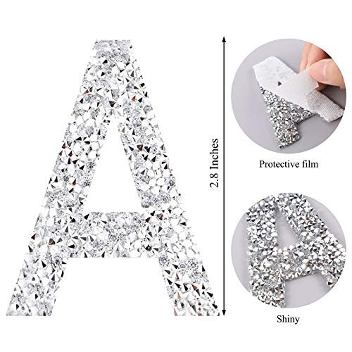 52 Pieces Rhinestone Letter Stickers, DaKuan Large Glitter Alphabet  Self-Adhesive Stickers Iron on Letters for Clothing DIY Art Crafts (Silver)