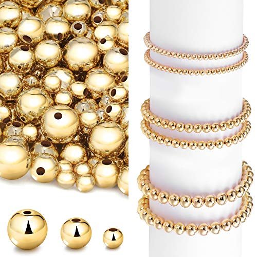  1200 Pieces Round Beaded Spacer Beads Seamless Smooth Loose  Ball Beads for Stackable Bracelet Jewelry Craft Making, 8 mm, 6 mm, 4 mm  (Gold)