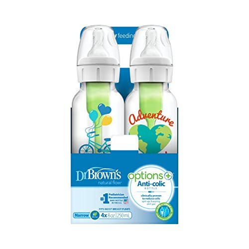 Dr. Brown's Natural Flow Anti-Colic Options+ Narrow Glass Baby Bottle 8  oz/250 mL, with Level 1 Slow Flow Nipple, 2 Pack, 0m+ 
