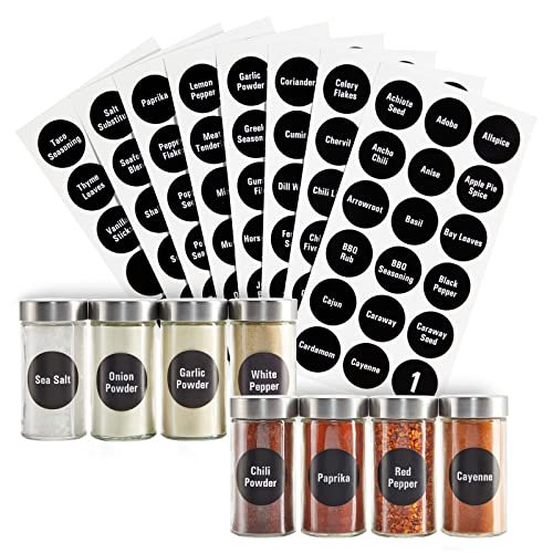 144 Preprinted Round Spice Jar Labels + Numbers for Kitchen