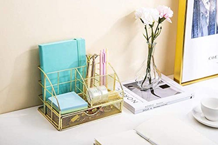 POPRUN Green Desk Organzier for Women, Mesh Office Supplies Cute Stationary  Organization Office Accessories Essentials Caddy with Drawer for Home 