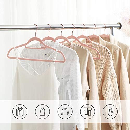 SONGMICS Velvet Hangers, 50 Pack, Non-Slip Clothes Hanger with Rose Gold Color Swivel Hook, 0.2-inch Thick and Space Saving, 17.7-Inch Long for Coat