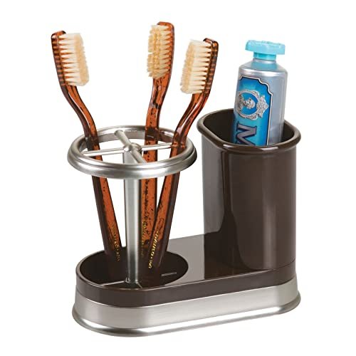 mDesign Bathroom Vanity Countertop Toothpaste  Toothbrush Holder Stand with Cup 