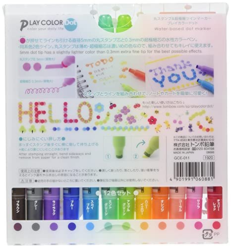 Tombow Play Color Dot Pen Water Based Marker, 12 Colors Set (GCE