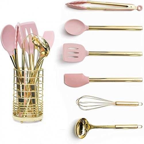 Styled Settings Gold & Pink Kitchen Utensil Set with Holder - Pink Cooking Utensils:Gold Whisk,Gold Ladle,Pink Spatula,Gold Tongs,Pink Spoon,Turner