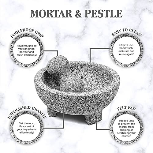 Granite Mortar and Pestle Set - Molcajete Guacamole Bowl with Polished Exterior