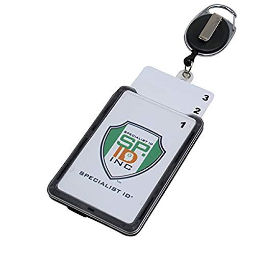 Hard Plastic 3 Card Badge Holder with Retractable Reel - Retracting ID Lanyard Features Belt Clip & Carabiner - Rigid Vertical CAC Holder - Top Load