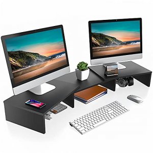 FITUEYES Dual Monitor Stand 3 Shelf Computer Monitor Riser, Wood Desktop Stand with Adjustable Length and Angle, Desk Accessories, Office Supplie
