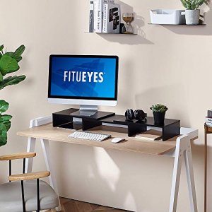 FITUEYES Dual Monitor Stand 3 Shelf Computer Monitor Riser, Wood Desktop Stand with Adjustable Length and Angle, Desk Accessories, Office Supplie