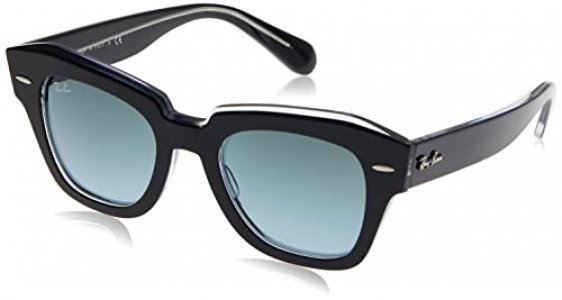 Ray-Ban Women's 0RB2186 State Street Square Sunglasses, Black On Transparent/Blue Gradient Grey, 49 mm