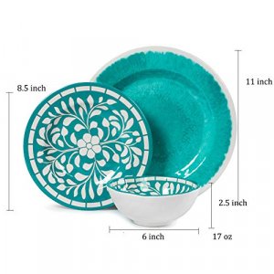 Teal Dinnerware Set - Melamine 12 Piece Dinner Dishes Set for Camping Use, Lightweight