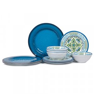 Melamine Dinnerware Sets for 4 - 12pcs Dishes set ,Break-resistant, Unbreakable, Dishwasher Safe, Indoor Outdoor Use