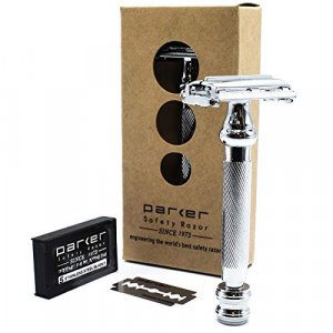 Parker 99R - Long Handle Heavyweight Butterfly Open Double Edge Safety Razor for Men & 5 Premium Platinum Double Edge Razor Blades