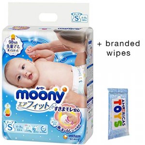 Baby Diapers Tape Type Size S (9-18 lb) 84 counts Moony Diapers Bundle with Americas Toys Wipes Japanese Diapers Safe Materials with Indicato