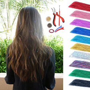 Unique Love Hair Tinsel Kit, 12 Colors Tinsel Hair Extensions with Tools, Glitter Fairy Hair Sparkingly Hairpiece