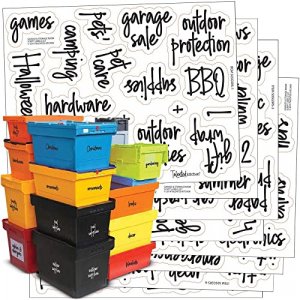 Talented Kitchen 136 Garage Storage Bin Labels for Plastic Containers,  Preprinted Black Script on Clear Stickers for Organizing Bins and Boxes  (Water