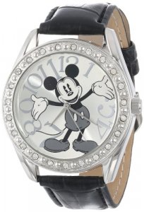 Disney Unisex Mk1015 Mickey Mouse Silver Dial Black Crocodile Strap Watch