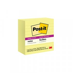 Post-It Super Sticky Notes, 4 X 4-Inches, Canary Yellow, Lined, 6-Pads/Pack