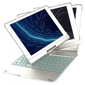 Iegrow F180 Silver Case With Keyboard, 7 Colors Adjustment Backlit And Breathing Light Keyboard With 360 Degree Rotatable Cover For Ipad 6Th/Ipad 5Th