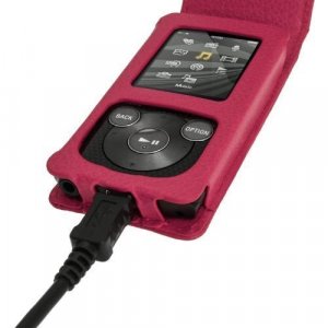 Igadgitz Pink Leather Case For Sony Walkman Nwz-E384 With Detachable Carabiner + Screen Protector