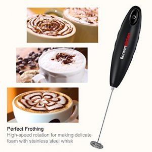 Bonsenkitchen Handheld Black Milk Frother Stainless Steel Drink Mixer For Lattes Cappuccinos And Hot Chocolates Battery In