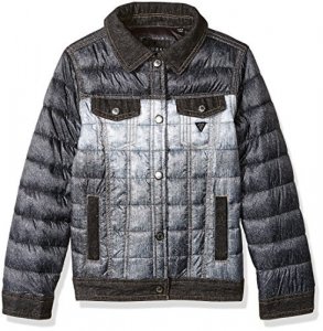 GUESS Big Girl's Mini Me Denim Print Puffer Jacket Outerwear, Blue Denim Print, 10