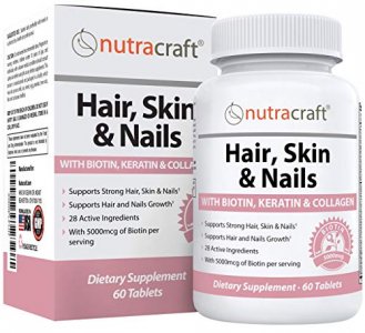 Hair, Skin Nails Supplement with 5000mcg of Biotin, Keratin, Collagen, MSM, Silica & Hyaluronic Acid to Promote Hair Growth, Stronger Nails and Glowi