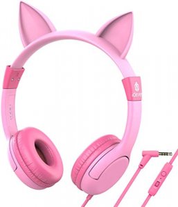 iClever HS01 Kids Headphones with Mic, Food Grade Safe Volume Limited 85/94dB, Cat Ear Headphones for Kids Girls Boys, Wired Children Headphones for