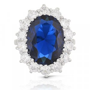 JanKuo Jewelry Royal Family Large Kate Middleton Engagement Inspired Ring with Blue Sapphire Color CZ