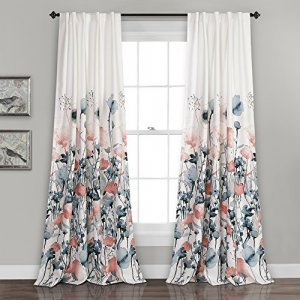 Lush DECOR Zuri Flora Curtains Room Darkening Window Panel Set for Living, Dining, Bedroom (Pair), 84 in x 52 in, Blue and Coral, 2 Count