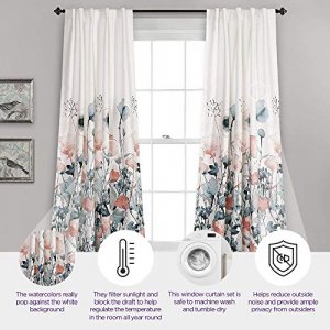 Lush DECOR Zuri Flora Curtains Room Darkening Window Panel Set for Living, Dining, Bedroom (Pair), 84 in x 52 in, Blue and Coral, 2 Count