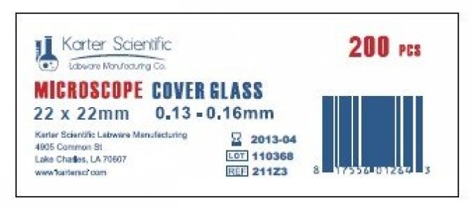 Standard Microscope Cover Slips, 1 Thick, 22x22mm, Karter Scientific 211Z3 (Pack of 200)