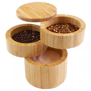 Totally Bamboo Triple Salt Box, Three Tier Bamboo Storage Box with Magnetic Swivel Lids