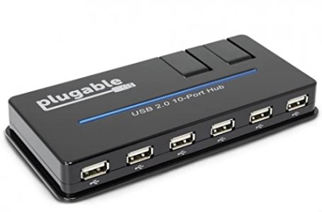 Plugable USB Hub, 10 Port - USB 2.0 with 20W Power Adapter and Two Flip-Up Ports
