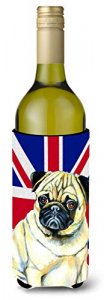 Caroline's Treasures LH9494LITERK Pug with English Union Jack British Flag Wine Bottle Beverage Insulator Hugger, Wine Bottle, Multicolor